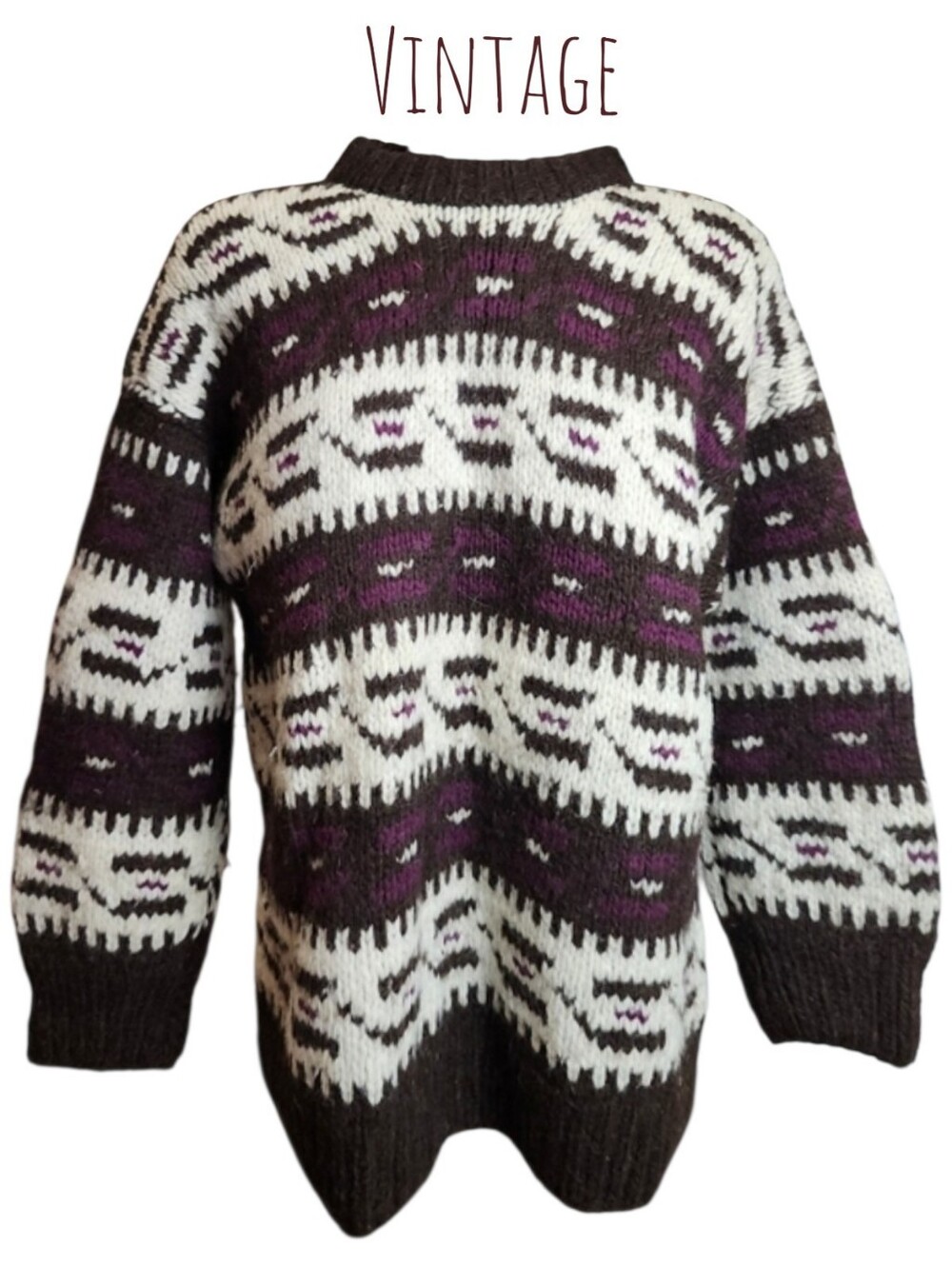 Vintage fair isle chunky knit 100% wool aztec sweater women's S Cream Purple